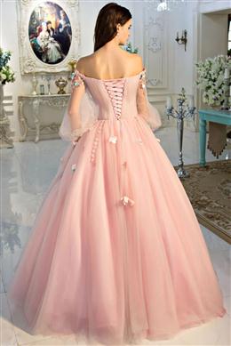 Picture of Lovely Puffy Sleeves Pink Off Shoulder Long Sweet 16 Dresses, Pink Quinceanera Dresses
